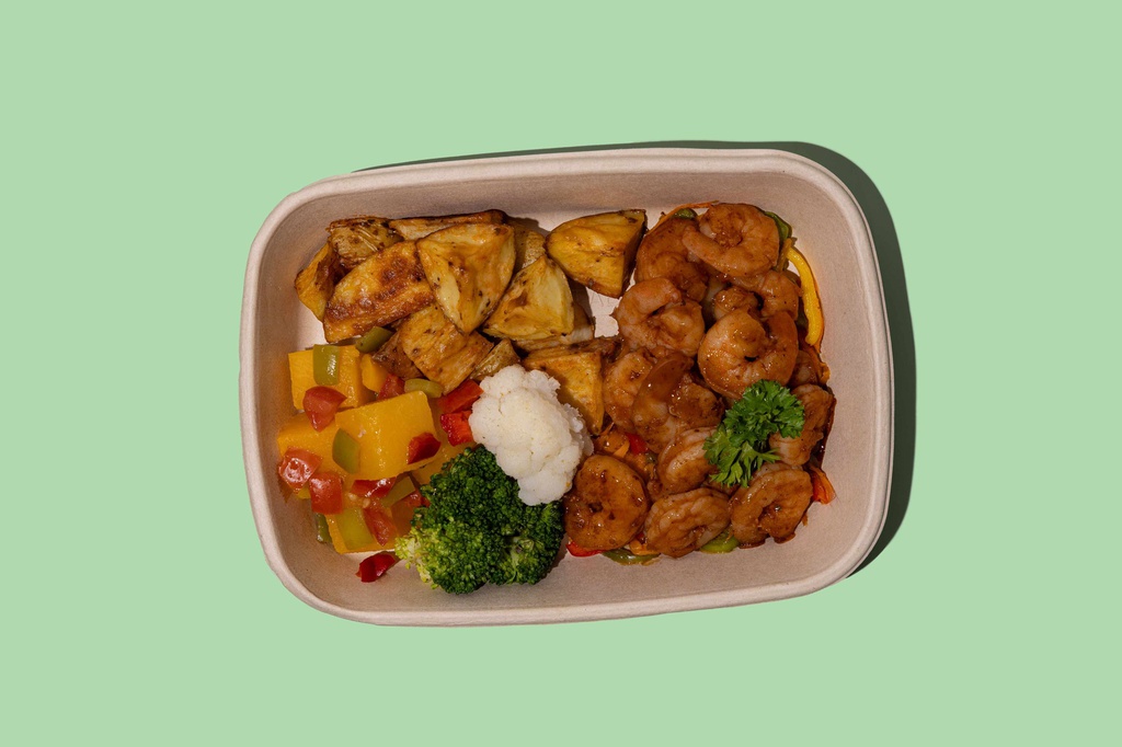 Bbq Shrimps W Veggies &amp; Roasted Potato (GF + LF) / روبيان باربيكيو مع الخضار والبطاطا المشوية